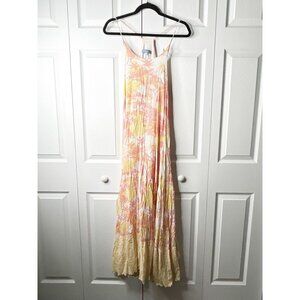 Paradised Aida White Pink Tropical Eyelet Hem Maxi Dress Women's Size Small S
